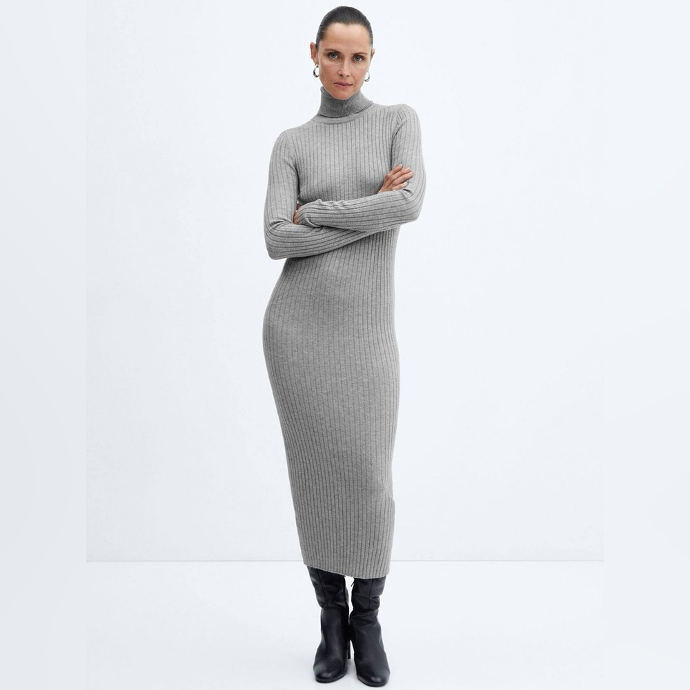 Mango Ribbed Turtleneck Long Sleeve Maxi Dress in Gray
